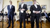 Alexander Stubb, Juha Sipilä ja Timo Soini tiedotustilaisuudessa Snolnassa.