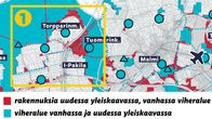 Karttaan on merkitty punaisella on ne alueet, jotka on merkattu vanhaan yleiskaavaan viheralueiksi, mutta uudessa yleiskaavaehdotuksessa rakennuksille.
