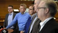  Kuntatyönantajien työmarkkinajohtaja Markku Jalonen (vas.), Elinkeinoelämän keskusliitto EK:n toimitusjohtaja Jyri Häkämies, SAK:n puheenjohtaja Lauri Lyly, STTK:n puheenjohtaja Antti Palola ja Akavan puheenjohtaja Sture Fjäder kertoivat yhteiskuntasopimusneuvotteluiden tilanteesta yhteisessä tiedotustilaisuudessaan Helsingissä 28. helmikuuta