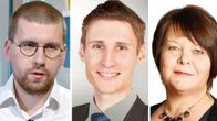 Kuvassa Perussuomalaisten Sebastian, Tynkkynen Aleksi Hernesniemi ja Terhi Kiemunki.