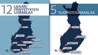 Kartta sairaaloiden sijainneista.