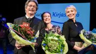 Kuvassa viime vuoden voittajat. Tieto-Finlandian voittaja Tapio Tamminen, Finlandia Junior voittaja Nadja Sumanen ja Finlandia -palkinnon voittaja Laura Lindstedt. 