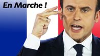 Emmanuel Macron taustallaan puolueensa logo.