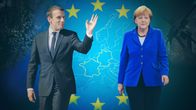 Kollaasimainen kuvituskuva, etualla Macron sekä Merkel