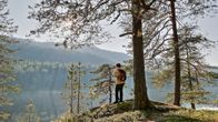 nainen kukkulalla metsässä