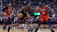 Anunoby #3, Toronto Raptors ja E'Twaun Moore #55,New Orleans Pelicans