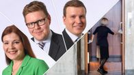 Kuva jaettu neljään osaan. Kuvassa poliitikot Sarkomaa, Lindtman ja Tavio sekä kuva siivoojasta joka puhdistaa Eduskuntatalon hissiä