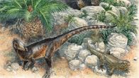 Pitkähäntäinen, takajaloilla kävevä dinosarus kivikossa. Kaksi sisiliskoa muistuttavaa eläintä kurkistelee kiven takaa, kolmas katsoo lentävää hyönteistä. 
