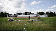 Building the stage and tent for mixer-table on Saturday at Kirjurinluoto Arena.
