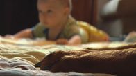 Koiran tassut ja lattialla vatsallaan makaava vauva