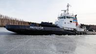 Jäänmurtaja Protector avaamassa Saimaan kanavaa lauantaina 5. huhtikuuta 2014.