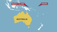 Kartta, jossa näkyvät Naurun ja Manus Island:in sijainnit suhteessa Australiaan.