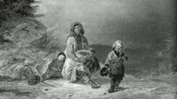 Mustavalkoinen kuva Robert Wilhelm Ekmanin maalauksesta Kerjäläisperhe maantiellä (1860).