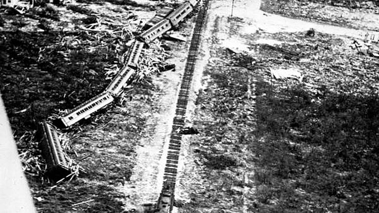 Hurrikaanin kaatama juna Floridassa vuonna 1935.