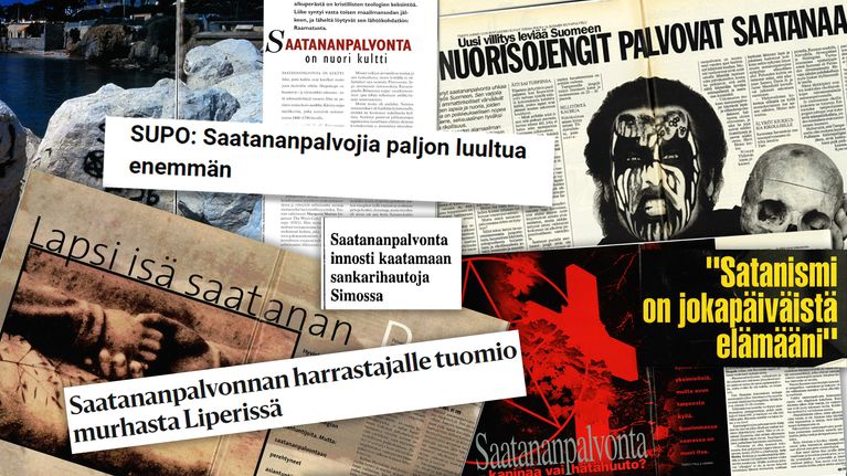 Saatananpalvonnasta ja satanismista kertovia lehtiotsikoita 1990-luvulta.
