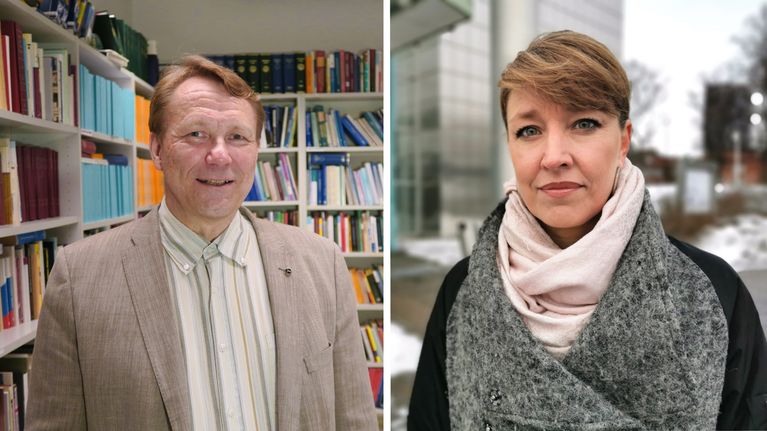 Oikeustieteen professori Asko Uoti ja hallintotieteiden tohtori Jenni Airaksinen seisovat ja katsovat kameraan.