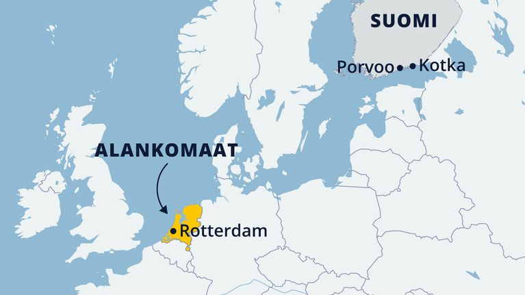 Kartta näyttää Rotterdamin, Kotkan ja Porvoon sijainnin.