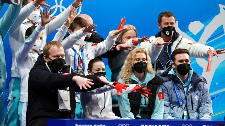 Kamila Valieva and her team of Russia reacts during the Woman Single Skating - Free Skating of the Figure Skating Team Event at the Beijing 2022 Olympic Games, Beijing, China, 07 February 2022.