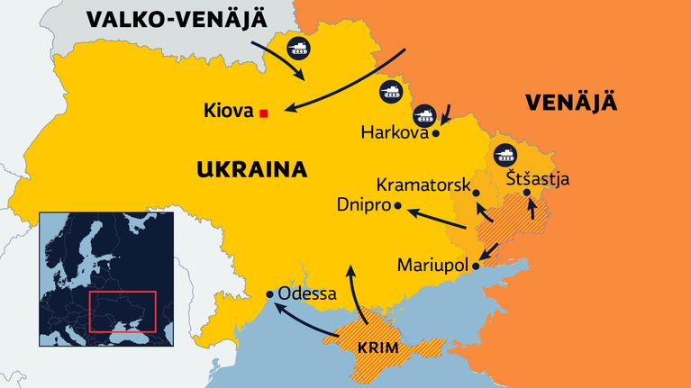 Kartalla Venäjän hyökkäyssuuntia Ukrainaan.
