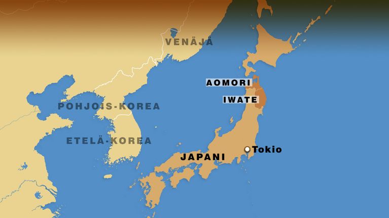 Japanin kartta, johon merkitty Aomori ja Iwate.