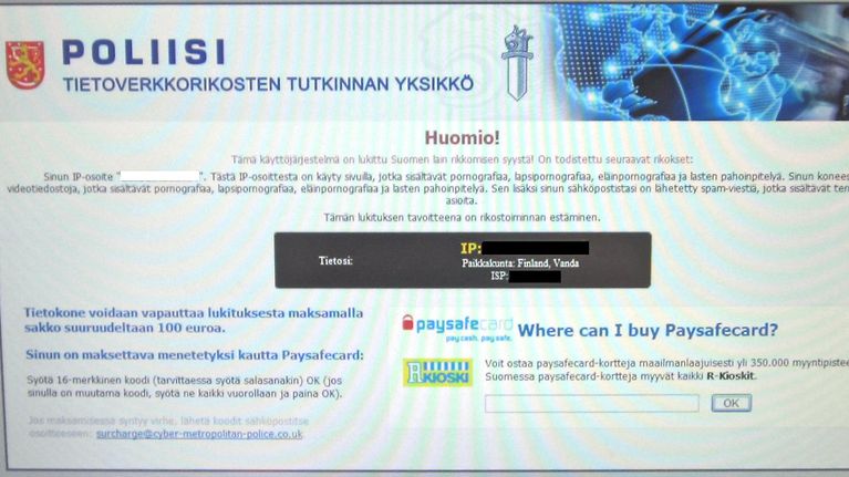 Nettikaappaus sivustolta, joka jäljittelee oikean poliisin varoitusviestiä.