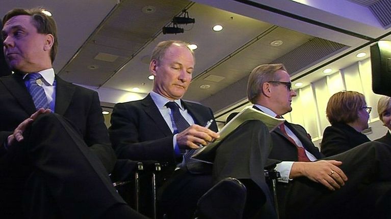 Finnair board member Harri Kerminen, CEO Mika Vehviläinen and chair Harri Sailas at last spring's annual general meeting.