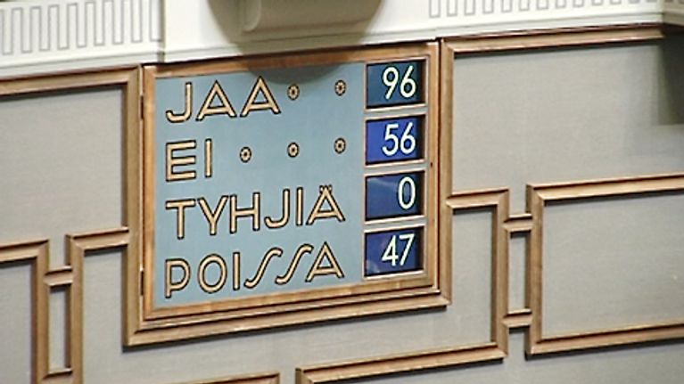 Lex Nokian äänestystulos eduskunnan äänestystaulussa.