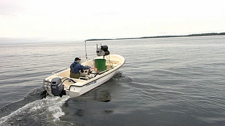 Kalastaja ajaa venettä Inarijärvellä.