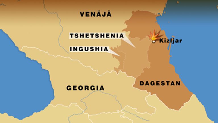 Kartta Venäjän ja Dagestanin rajalta. Räjähdyksen merkki Kizljarin kaupungin kohdalla.