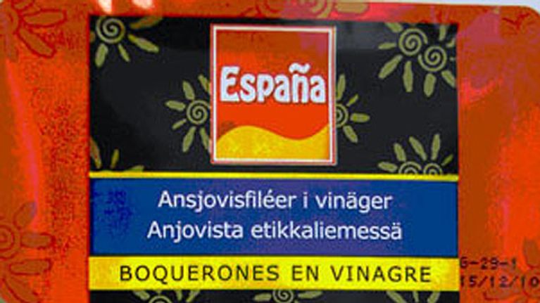 Anjovispaketin etiketti