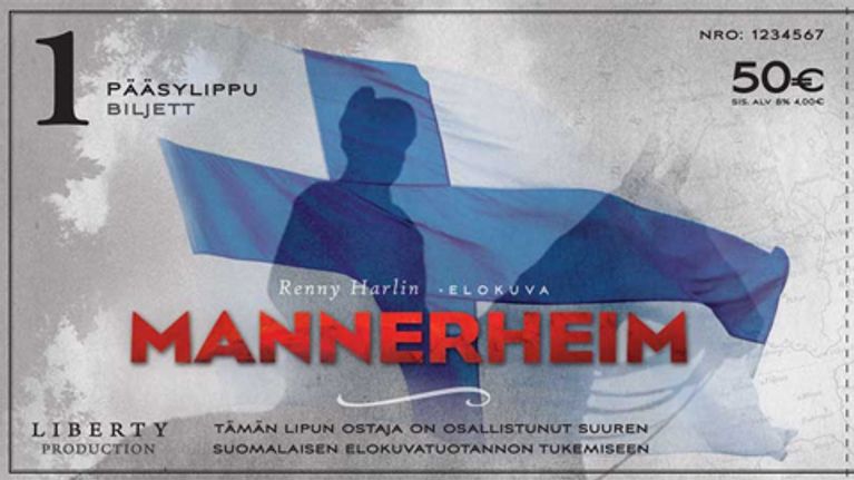 Mannerheim-elokuvan rahoittamiseen tarkoitettu 50 euron lippu, jonka kuvassa Mannerheimin silhuetti Suomen lippua vastaan. 
