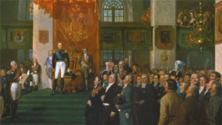 Keisari Aleksanteri ensimmäinen  seisoo säätyjen edessä Porvoossa 1809.