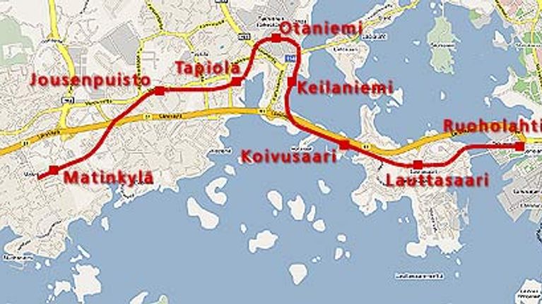 Kartta länsimetron reitistä