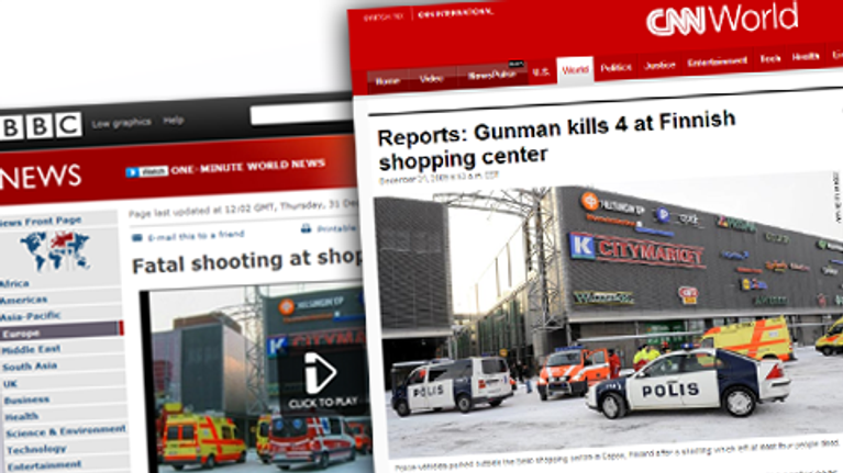 BBC:n ja CNN:n uutisointia netissä Sellon ampumistapauksesta.