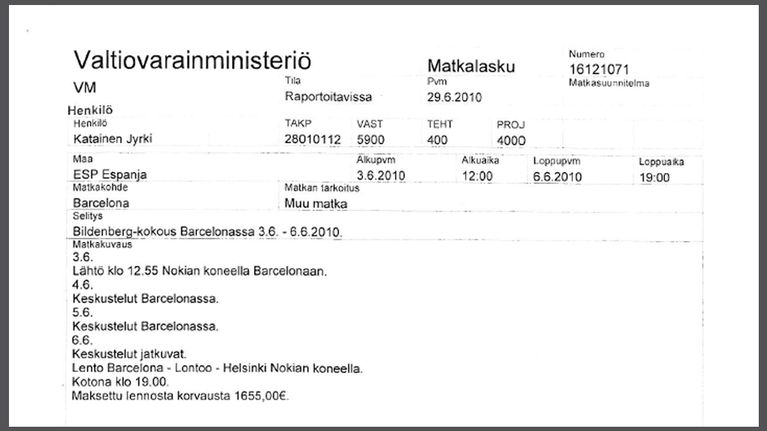 Yksityiskohta Jyrki Kataisen matkalaskusta.