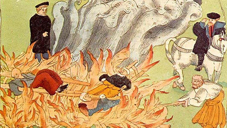 Osa sveitsiläisen Johann Jakob Wickin kolmen noidan polttamista Badenissa, Sveitsissä vuonna 1585 kuvaavasta maalauksesta.