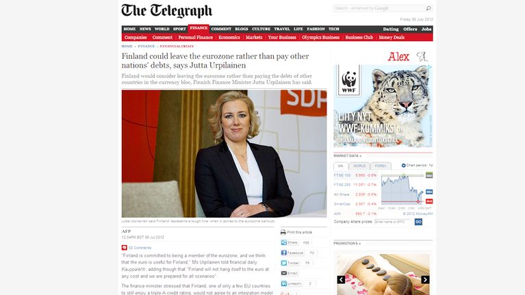 Kuva The Telegraphin verkkosivuilla julkaistusta uutisesta, jossa käsitellään Urpilaisen kommentteja.