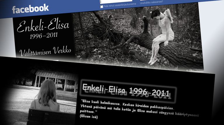 Kollaasi Enkeli-Elisan facebook-sivusta ja www-sivustolta www.jossainkaukana.net/elisa.