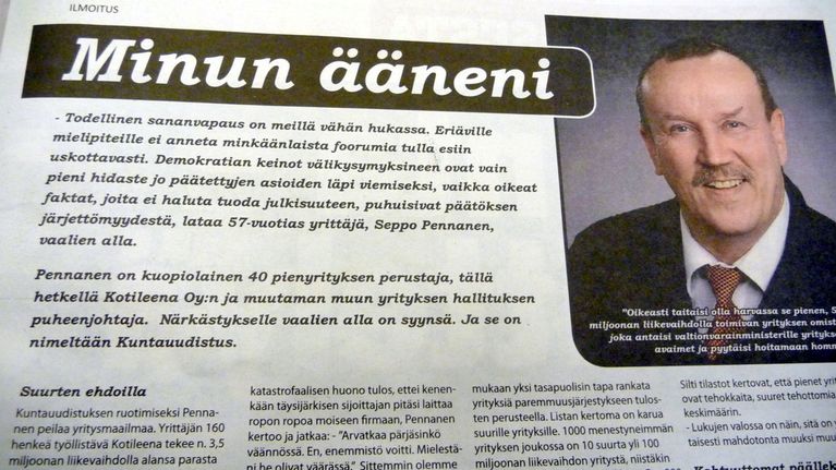 Yrittäjä Seppo Pennasen ilmoitus Ilta-Sanomissa.