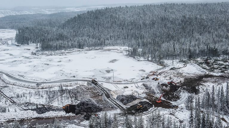 Aerial view of dam-building work on the south side of the Talvivaara mine area.