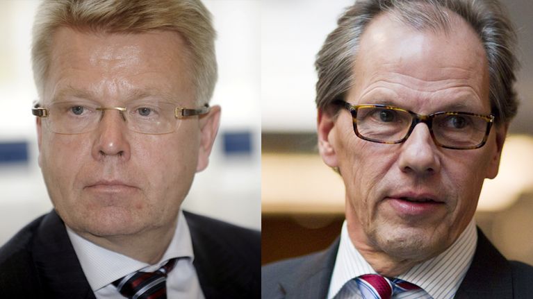 Kuvassa tuleva Elinkeinoelämän keskusliiton toimitusjohtaja Jyri Häkämies (vas.) ja paikalta siirtyvä Mikko Pukkinen. 