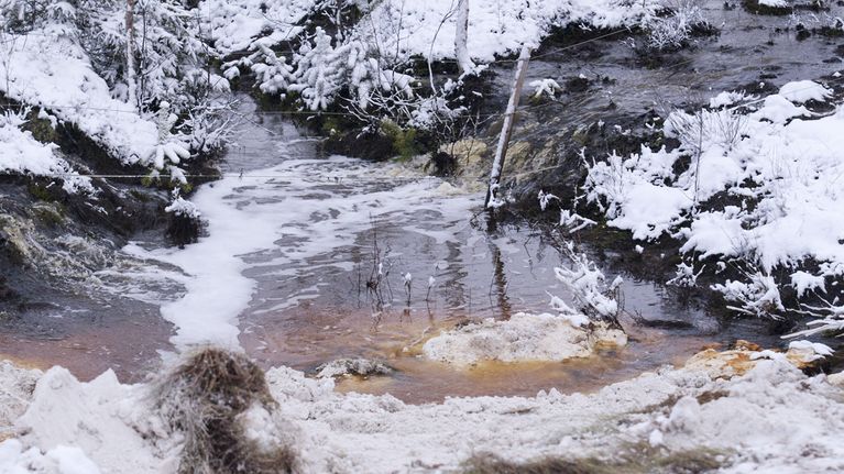 Talvivaaran jätevesialtaasta valuvaa vettä ojassa.