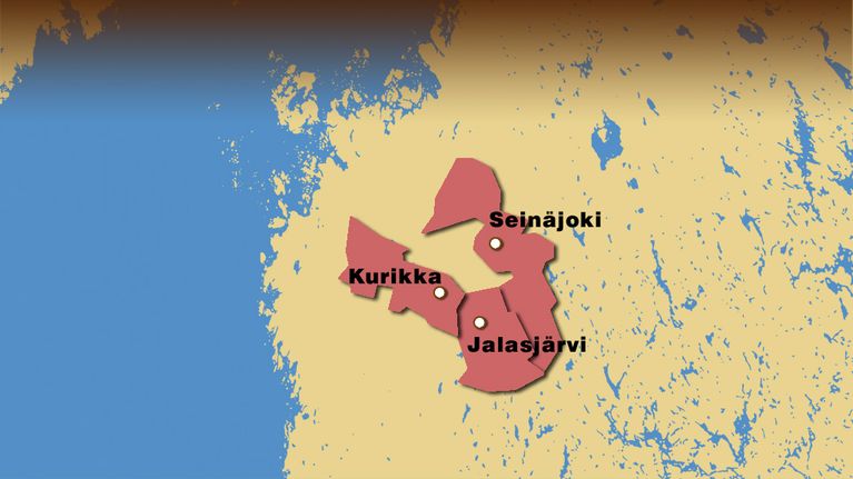Seinäjoki, Jalasjärvi ja Kurikka kartalla.