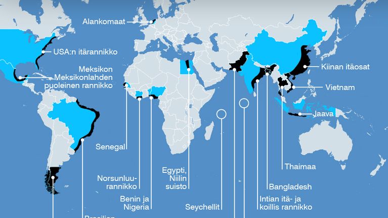 Merennousun pahiten uhkaamat alueet YK-raporttien mukaan -grafiikka.