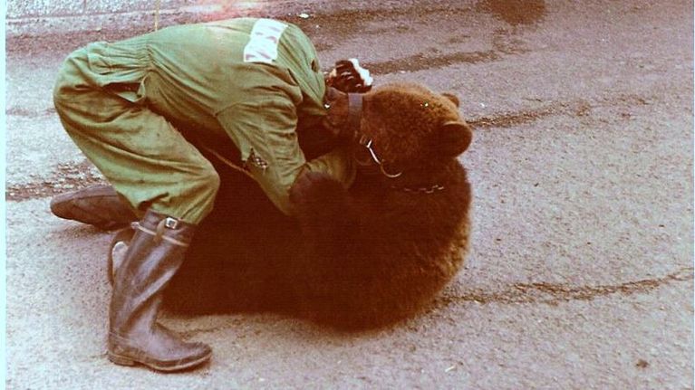 Reino Koivuniemi painii karhun kanssa