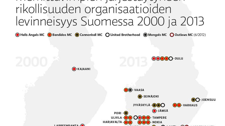 Kartta merkittävimpien järjestäytyneen rikollisuuden organisaatioiden levinneisyydestä Suomessa 2000 ja 2013