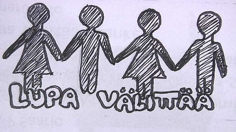 Lupa Välittää -projektin logossa piirrettyjä hahmoja käsi kädessä