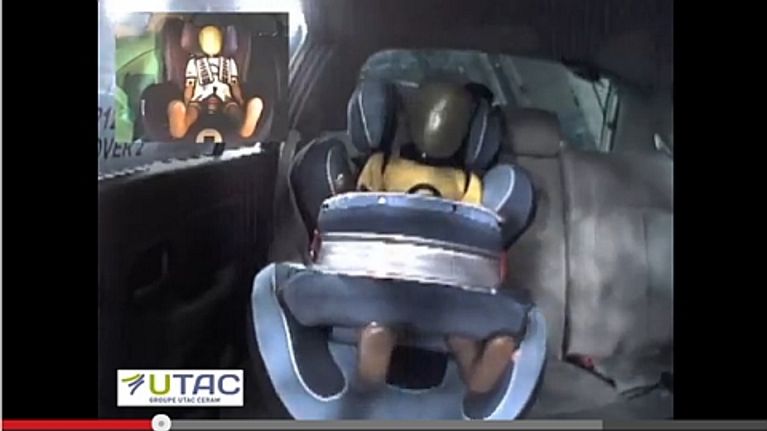 Nukke istuu auton turvaistuimessa.