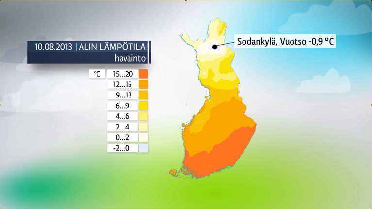Sääkartta mitatuista lämpötilaeroista Suomessa 10. elokuuta 2013. 