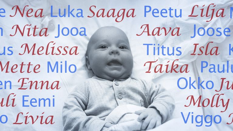 Vauva ja nimiä ympärillä.